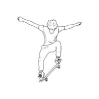 Skateboarder doing a trick with skateboard. Person playing skateboard for exercise and hobby. Sport concept. Hand drawn vector illustration.