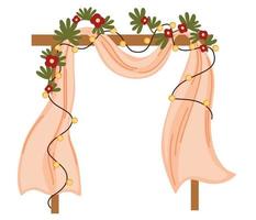 Wedding arch with flowers, leaves and garlands. Decor for marriage ceremony, party and birthday. Vector hand draw illustration isolated on the white background.