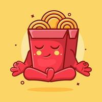 gracioso fideos caja personaje mascota con yoga meditación actitud aislado dibujos animados en plano estilo diseño vector