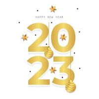 2023 Happy New Year Greeting Card Design. 2023 gold text, hanging Christmas ball with stars on white background. New Year Celebration. Greeting card, Vector illustration.