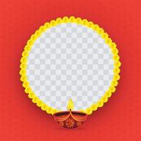 Yellow flower garland decoration in big circle with oil lamp on red background. Vector illustration.