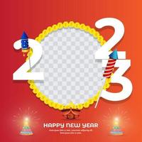 2023 New Year celebration on red background. Yellow flower garland decoration in big circle with flower pot cracker and oil lamp and fireworks rocket and 2023 text. Vector illustration.