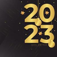 Happy New Year 2023 Design. 2023 gold text, hanging Christmas ball with stars on black background. New Year celebration. Greeting card, banner, poster. Vector illustration.