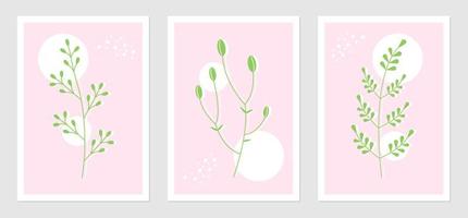 Abstract posters set with plant elements and geometric shapes. Botanic vector illustration of twigs. Concept for interior design in pink green colors.