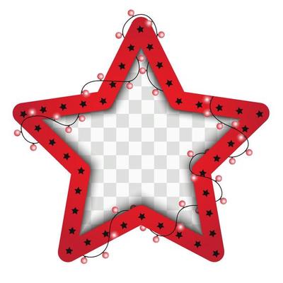 Christmas bright lights on red star frame. Template with realistic lights on transparent background. Star with realistic lights garland on transparent background.