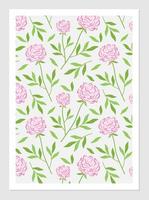 Poster with pink peonies. Floral vector illustration of roses on twigs with green leaves. Botanical drawing for interior design. Background with vintage flowers.