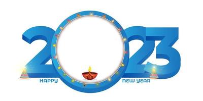 2023 New Year celebration on white background. Christmas garland lights decoration in large circle with flower pot cracker and oil lamp 2023 text. Vector illustration.