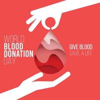 Blood donation concept poster Hand holding blood drop Vector illustration