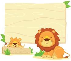 Vector illustration of wooden sign banner for kids invitation card template, cartoon funny lion and it cub hiding in tree stump