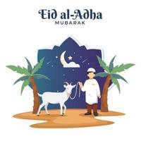 Happy Muslim family celebrates Eid Al Adha Mubarak with a goat. Flat vector template illustration