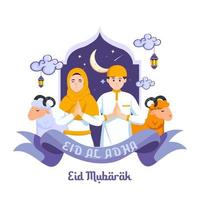 Happy Muslim family celebrates Eid Al Adha Mubarak with a goat. Flat vector template illustration