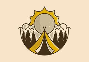 Vintage illustration of big sun and triangle tent camping vector
