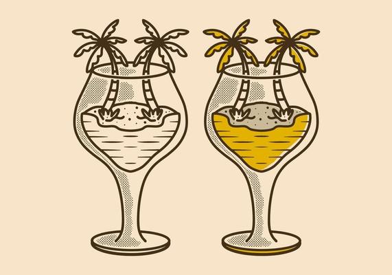 Vintage illustration design of beach view in wine glass shape