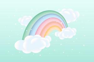 3d baby shower, rainbow with clouds and stars on a pale green background, childish design in pastel colors. Background, illustration, vector. vector