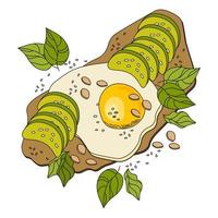Healthy breakfast, fried eggs on black bread with avocado pieces and herbs. Food illustration, vector. vector