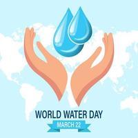 World Water Day, water drops in hands on the world map. Banner. poster, postcard, vector