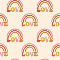 Seamless pattern, rainbows with the word love on a pink background. Retro groove design 70s style. Print, textile, vector
