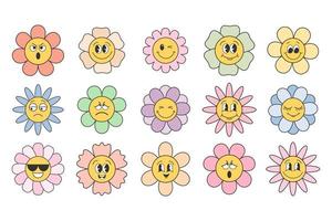 Set of cartoon flowers with different faces. Set of cute funky hippie flowers. Retro 70s atmosphere, psychedelic groove elements. Icons in cartoon style, vector