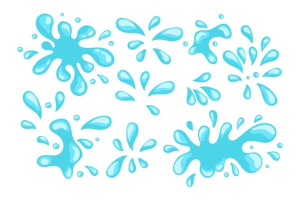 Set of blue water drops and splashes on a white background. Clipart set. Vector