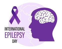 World Epilepsy Day. Human silhouette, brain and purple ribbon on the background of the world map. Medical healthcare concept. Poster, banner, vector