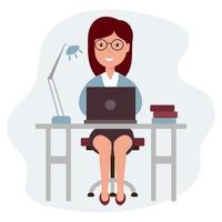 Home office concept. Woman freelancer, manager works at the computer. Illustration, vector