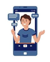 Male blogger with a microphone in the screen of a smartphone. Flat style illustration, vector