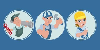 Male repairmen with tools, business round icons set. Icons in flat style, vector