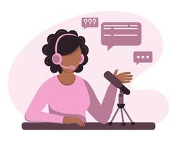 Office call center concept. A woman manager in headphones with a microphone works at a computer. Illustration, vector