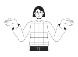 ejecutivo mujer encogiéndose de hombros con manos arriba plano línea negro blanco vector personaje. editable aislado contorno medio cuerpo persona. sencillo dibujos animados estilo Mancha ilustración para web gráfico diseño, animación