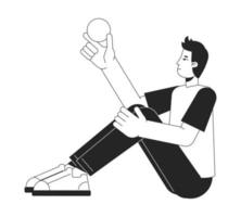 Thoughtful man sitting with ball in hand flat line black white vector character. Editable isolated outline full body person. Simple cartoon style spot illustration for web graphic design, animation