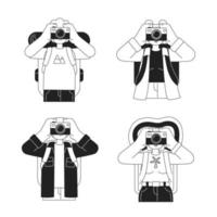 Sightseers capturing travel memories with camera monochromatic flat vector character set. Editable thin line people on white. Simple bw cartoon spot image pack for web graphic design, animation