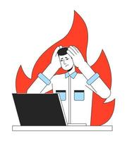 Job burnout flat line concept vector spot illustration. Stressed employee with laptop at work 2D cartoon outline character on white for web app UI design. Exhaustion editable colorful hero image