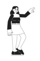 Female student wearing trendy summer clothes pointing monochromatic flat vector character. Editable thin line full body person on white. Simple bw cartoon spot image for web graphic design, animation