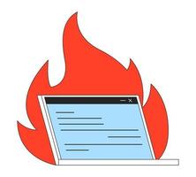 Digital burnout flat line concept vector spot illustration. Laptop on fire 2D cartoon outline object on white for web app UI design. Internet, social media overload editable colorful hero image