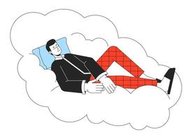 Good night sleep flat line concept vector spot illustration. Man sleeping peaceful on cloud 2D cartoon outline character on white for web app UI design. Mental health editable colorful hero image