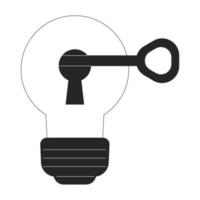 Key unlocks lightbulb keyhole flat line black white vector object. Generate business idea. Editable cartoon style icon. Simple isolated outline spot illustration for web graphic design and animation