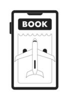 Booking plane ticket online on mobile phone monochrome concept vector spot illustration. Editable 2D flat bw cartoon object for web UI design. Cheap flight linear hero image