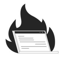 Digital burnout bw concept vector spot illustration. Laptop on fire 2D cartoon flat line monochromatic object for web app UI design. Internet, social media overload editable outline hero image