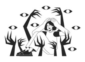 Psychosis episode bw concept vector spot illustration. Woman struggling with nervous breakdown 2D cartoon flat line monochromatic character for web app UI design. Anxiety editable outline hero image