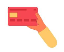 Holding credit card semi flat colorful vector first view hand. Payment for shopping. Customer money. Editable icon on white. Simple cartoon spot illustration for web graphic design and animation