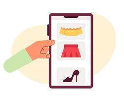 Scrolling through online clothing store feed flat concept vector spot illustration. Editable 2D cartoon first view hand on white for web UI design. Buying women clothes on phone creative hero image