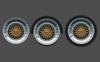 Car wheel and rims. Vector illustration, wheels gold silver black, Car Wheel 3D illustration, Car wheel, set. Realistic design. Vector illustration