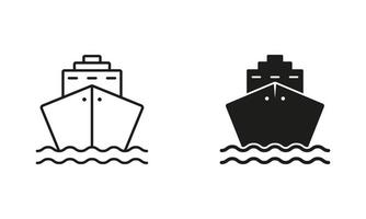 Cruise Ship Line and Silhouette Black Icon Set. Ocean Vessel Pictogram. Cargo Boat, Freight Marine Outline and Solid Symbol Collection on White Background. Isolated Vector Illustration.