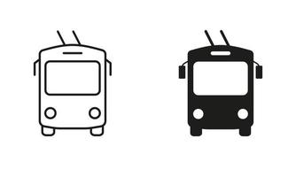 Trolleybus Line and Silhouette Black Icon Set. Trolley Bus in Front View Pictogram. Stop Station for City Electric Public Transport Outline and Solid Symbol Collection. Isolated Vector Illustration.