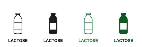 Lactose in Dairy Line and Silhouette Icon Set. Natural Milk in Bottle Green and Black Pictogram. Allergen Free, Intolerance Lactose Symbol Collection on White Background. Isolated Vector Illustration.