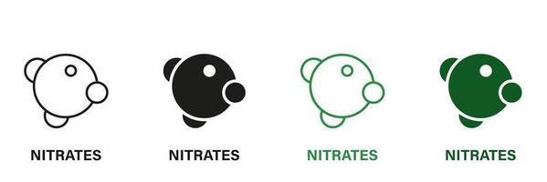 nitrito ingrediente línea y silueta icono colocar. orgánico nutrición verde y negro pictograma. molecular nitratos aditivos símbolo colección en blanco antecedentes. aislado vector ilustración.