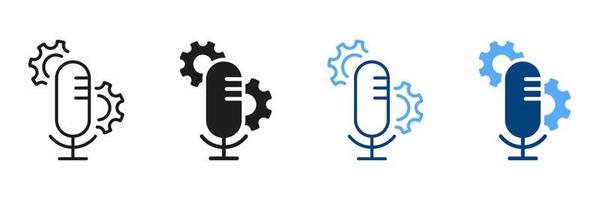 Audio Recording Settings Black and Color Pictogram. Microphone Sound Configuration Line and Silhouette Icon Set. Microphone and Gear, Cog Wheel Symbol Collection. Isolated Vector Illustration.