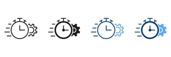 Gear and Clock Line and Silhouette Icon Set. Optimization Process Symbol Collection. Cog Wheel and Watch Deadline, Settings, Control Time and Efficiency Pictogram. Isolated Vector Illustration.