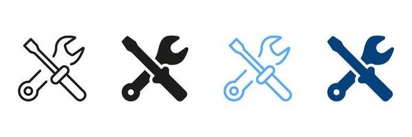 Tool Kit for Repair Symbol Collection. Toolbox for Fix Black and Color Sign. Toolkit Line and Silhouette Icon Set. Cross of Wrench and Screwdriver Pictogram. Isolated Vector Illustration.