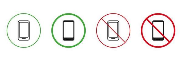 Use Smartphone Rule Red and Green Warning Signs. Telephone, Cellphone Line and Silhouette Icons Set. Allowed and Prohibited Use Mobile Phone Pictogram. Isolated Vector Illustration.